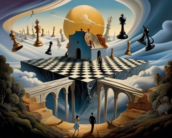 Surreal Landscape with Floating Chessboard and Melting Clock