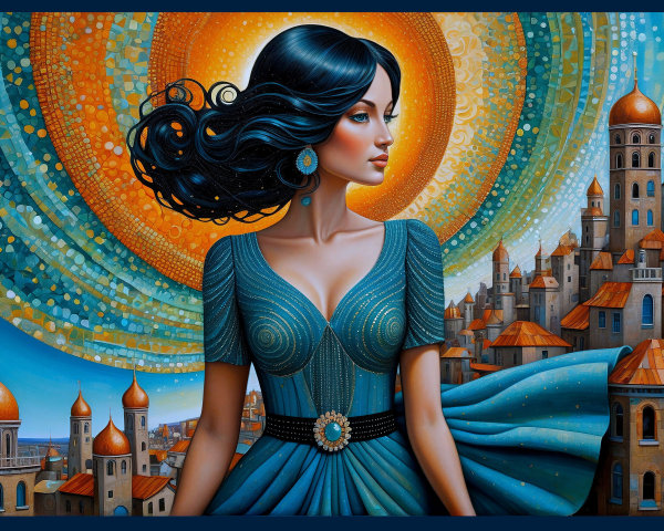 Woman in Blue Dress with Vibrant Circular Background