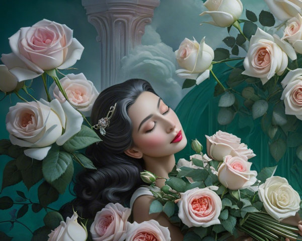Serene Woman Holding Pink and Cream Roses in Bloom