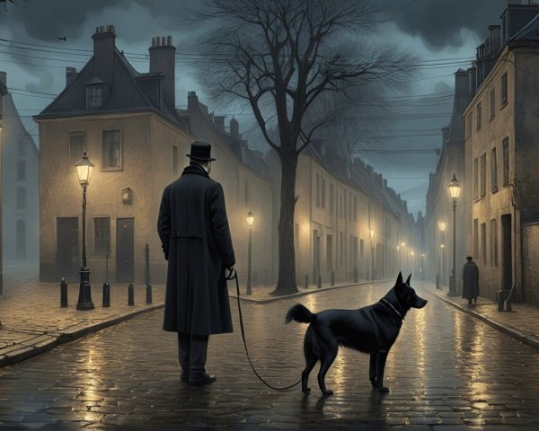 Foggy Street Scene with Man, Dog, and Vintage Lamps
