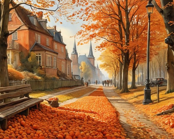 Autumn Street with Vibrant Orange Trees and Pathway