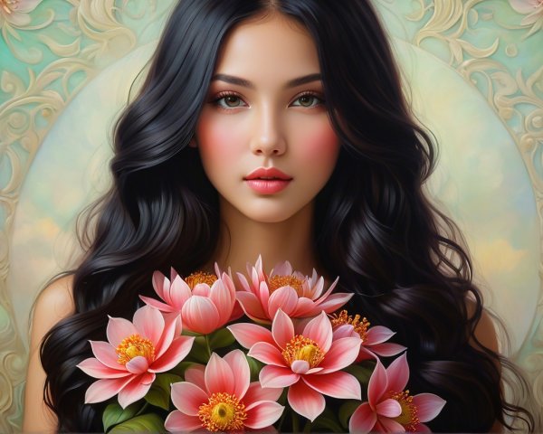 Portrait of a Young Woman with Lotus Flowers