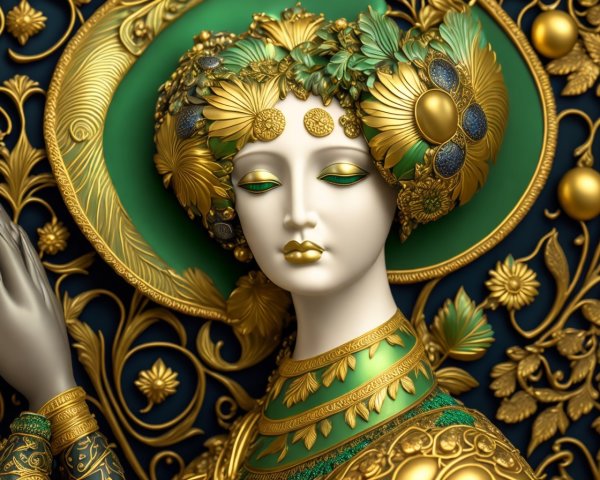 Stylized figure with gold and green art nouveau design
