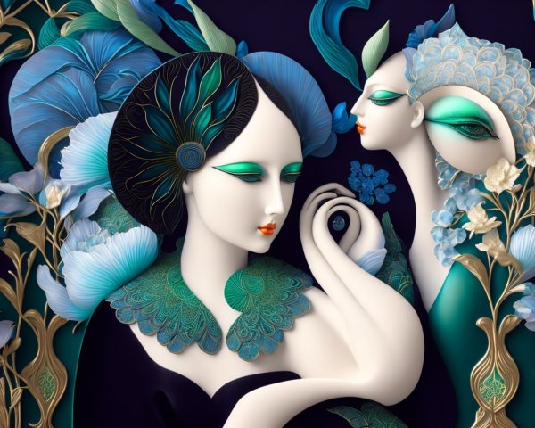 Elegant depiction of two women with flowers and foliage