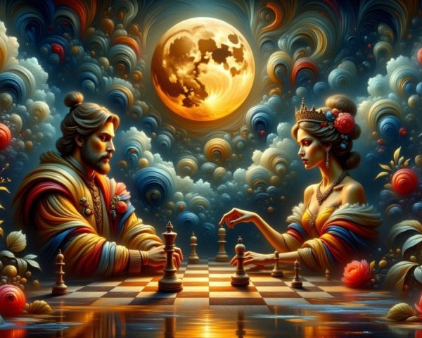 Surreal Chess Game Under a Full Moon Landscape