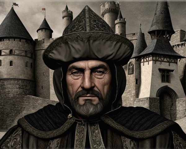 Stern Man in Cloak Against Medieval Castle Backdrop