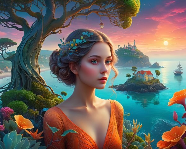 Young Woman with Flowers Against Vibrant Sunset Landscape