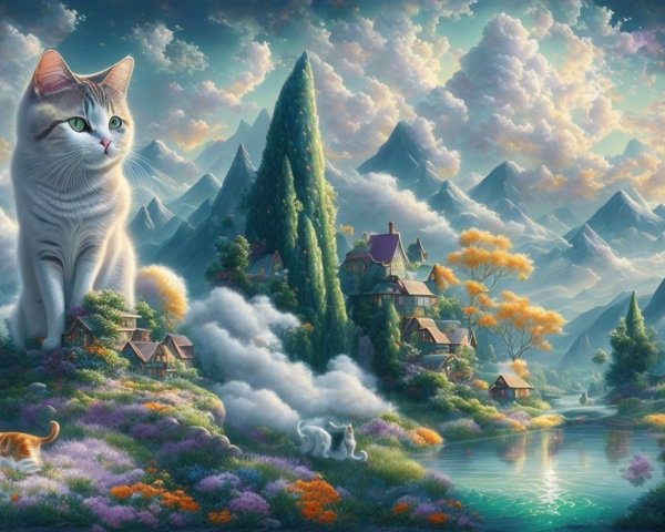 Whimsical Landscape with Majestic White Cat and Village