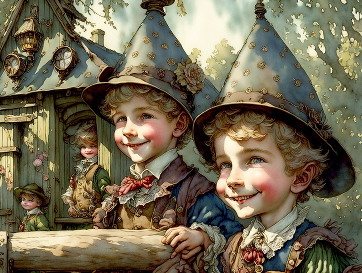 Whimsical Scene of Boys in Colorful Vintage Clothing