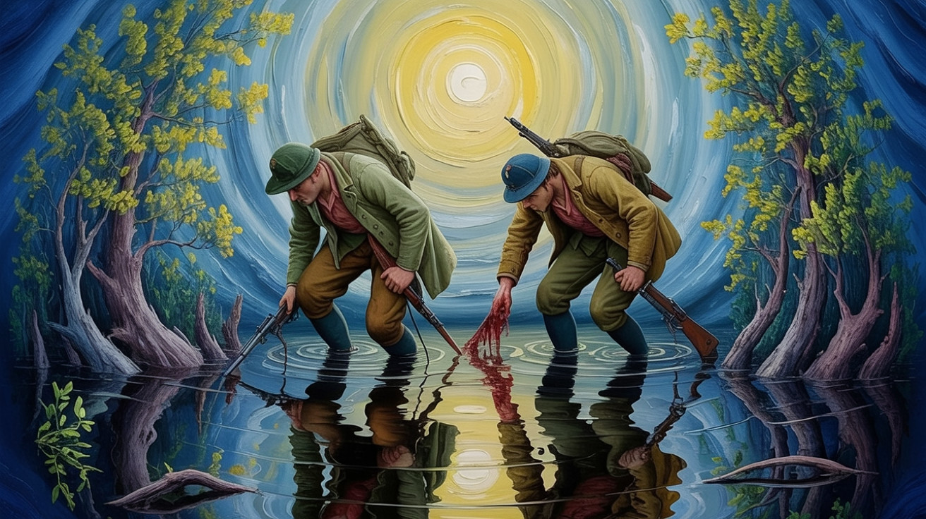 Soldiers in Uniform Wading Through Reflective Water