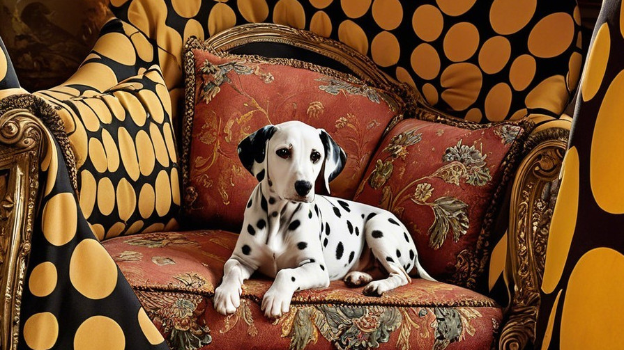 Dalmatian Dog on Ornate Couch with Colorful Pillows