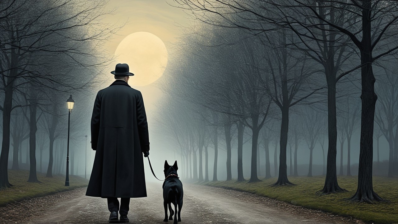 Mysterious Figure with Dog on Foggy Path at Night