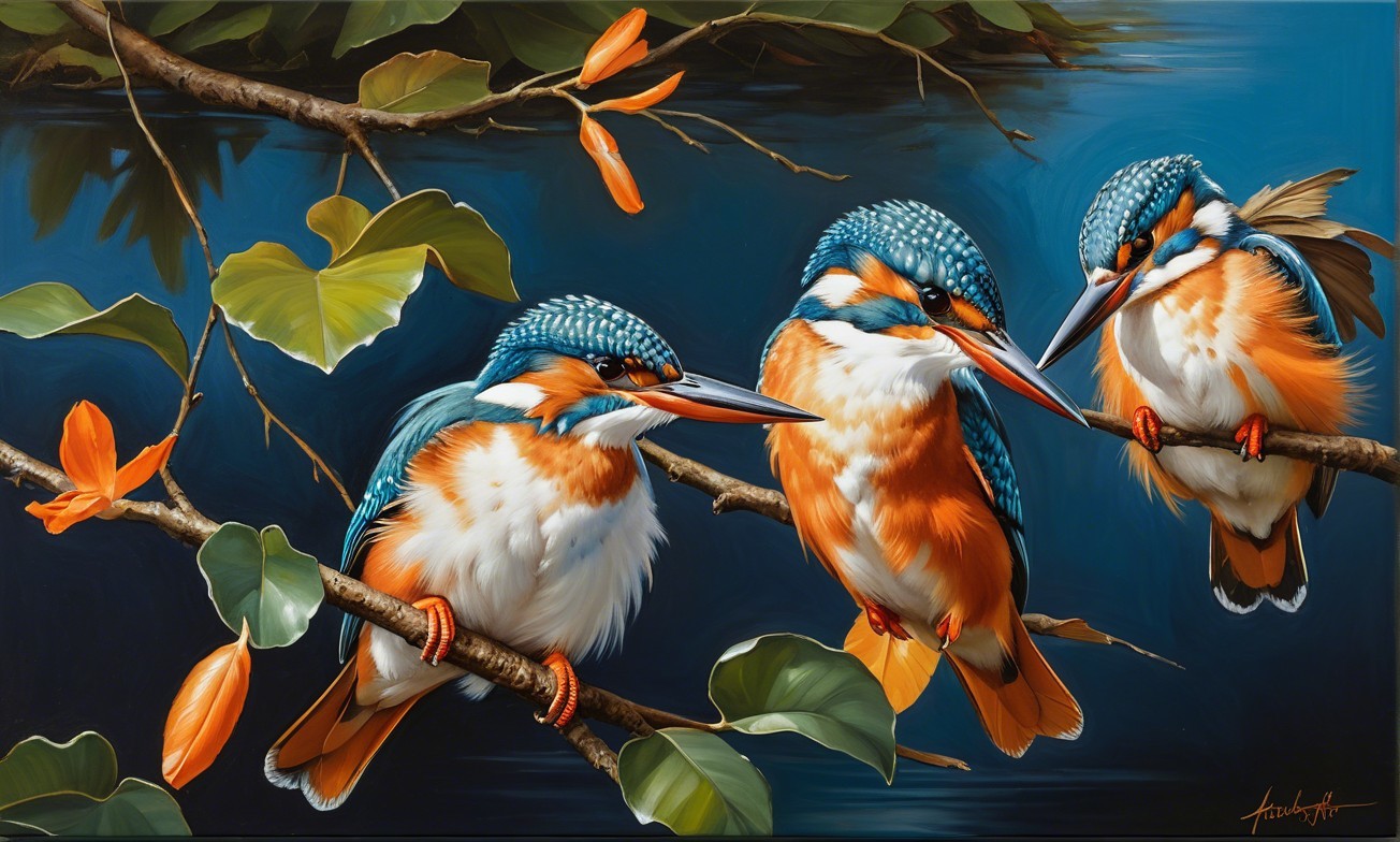 Vibrant Kingfishers on Branches with Flowers and Leaves