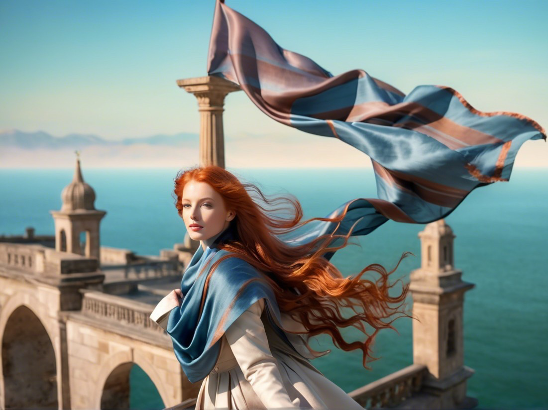 Young Woman on Terrace Overlooking Ocean and Architecture