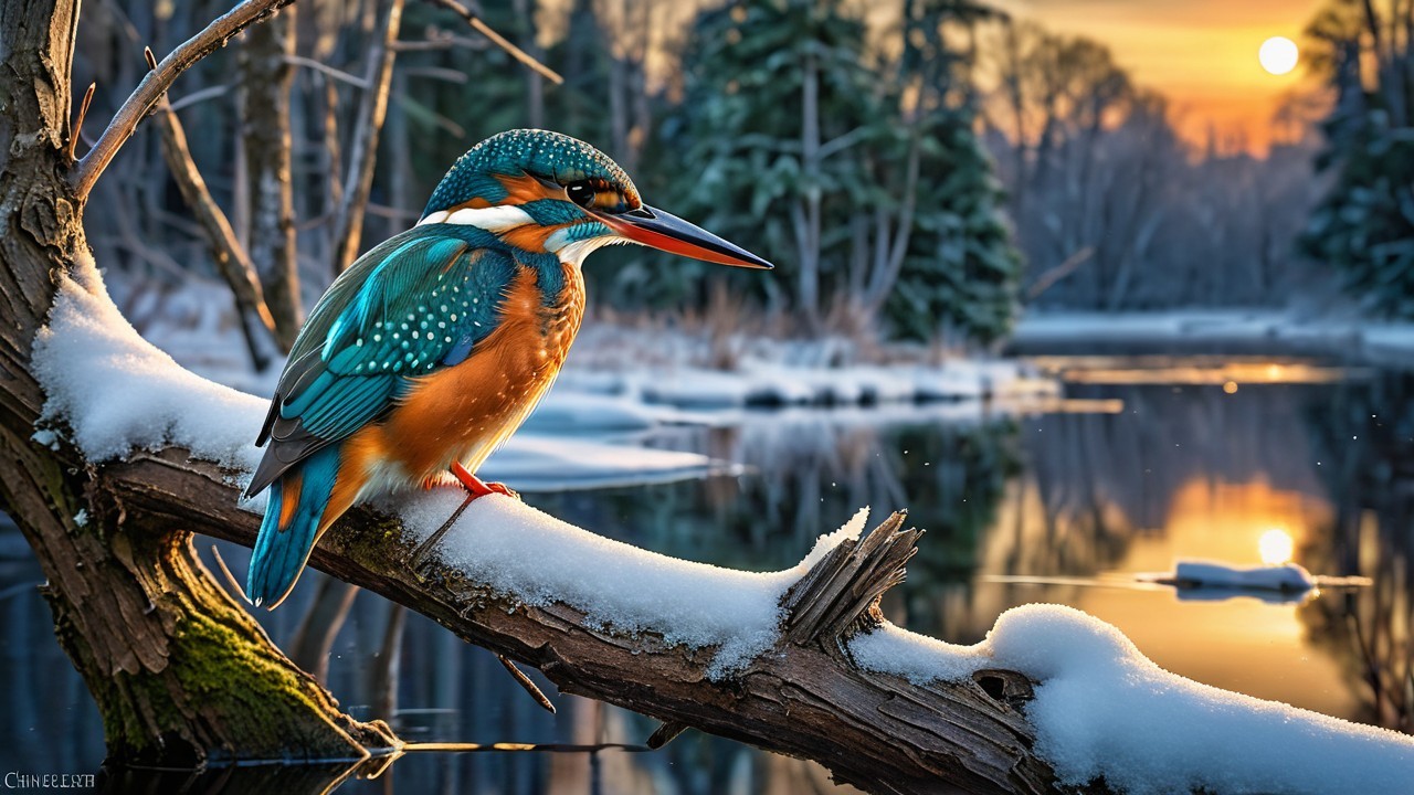 Kingfisher on Snow-Dusted Branch in Winter Scene