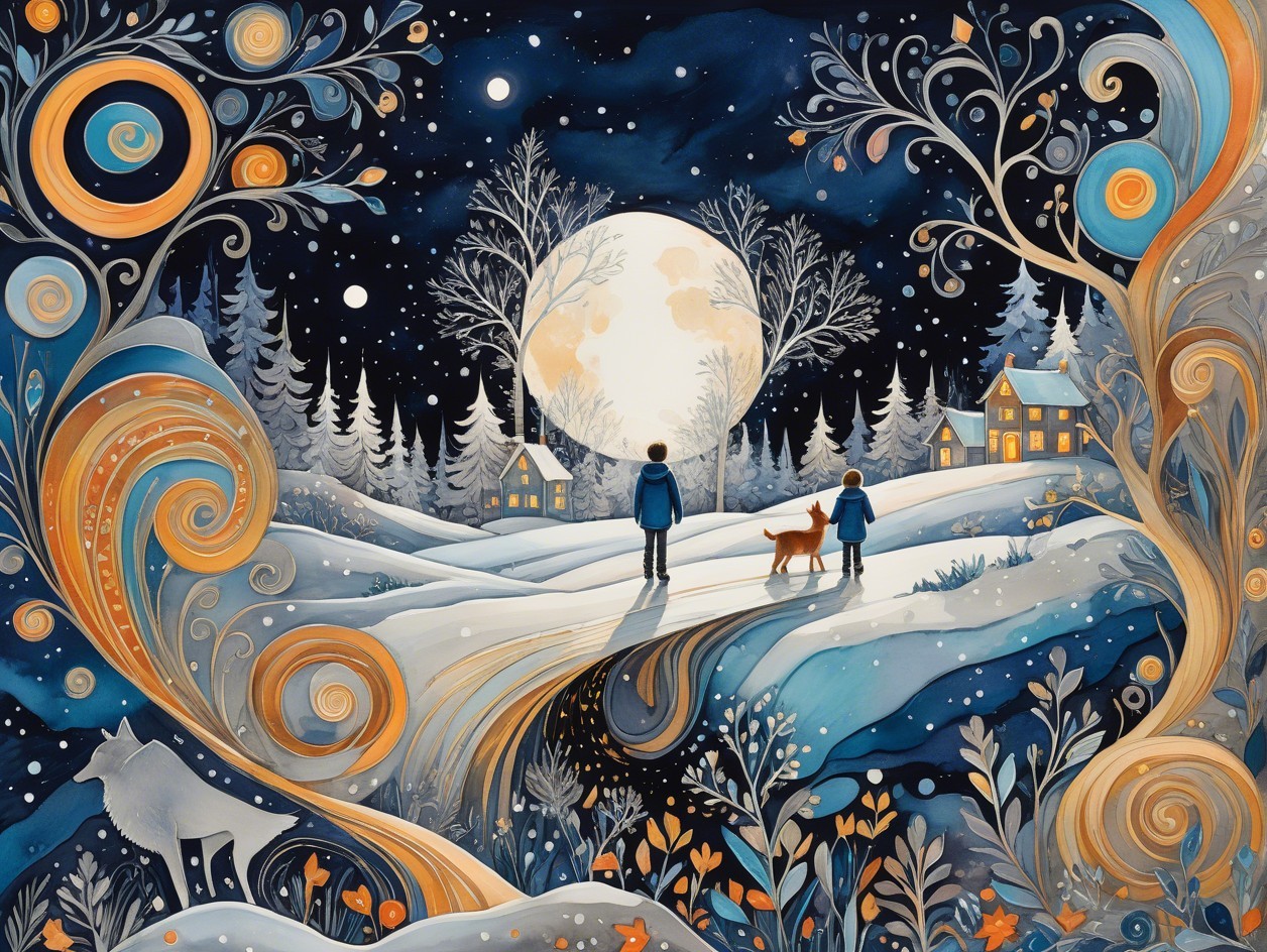 Whimsical Winter Night Watercolor with Children and Deer