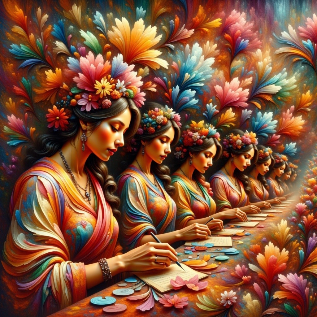 Women in Ornate Garments Creating Amidst Flowers