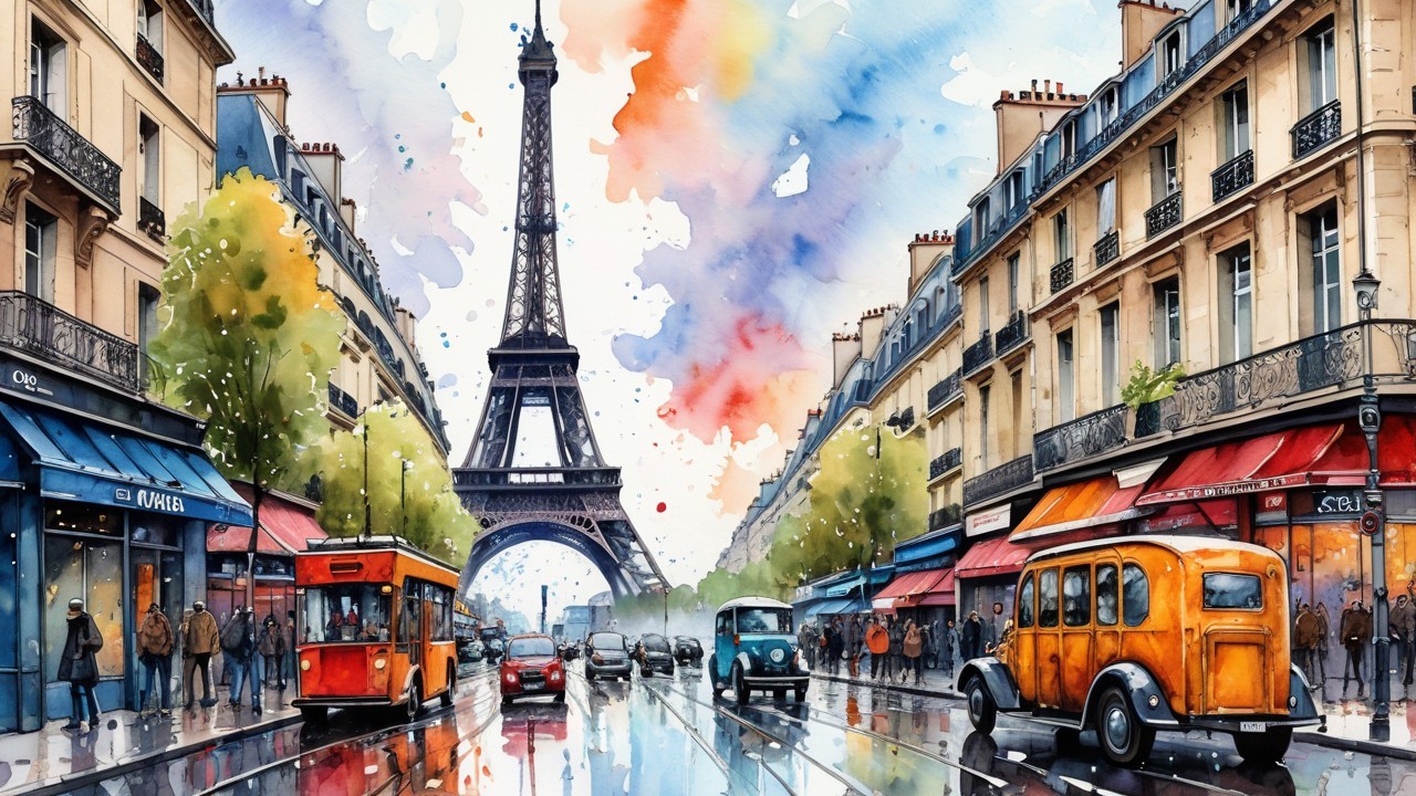 Vibrant Watercolor Scene of Paris with Eiffel Tower
