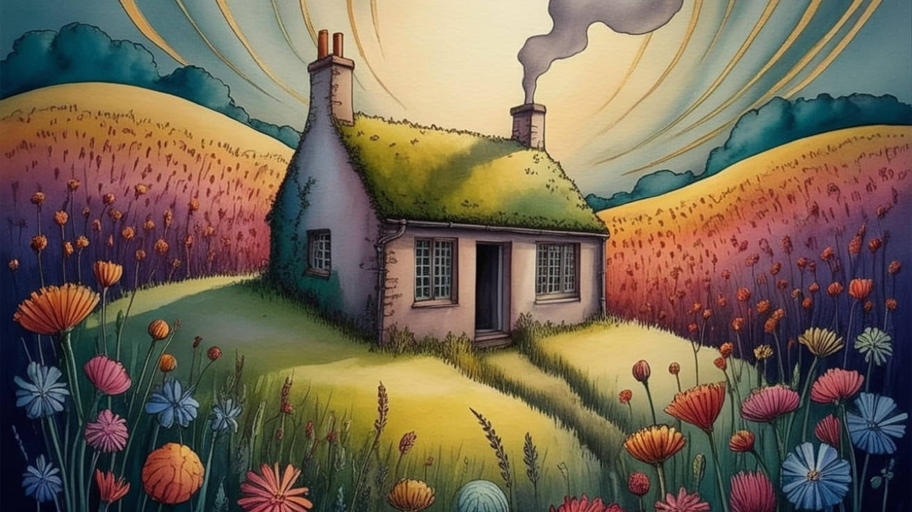 Cottage Surrounded by Flower-Filled Fields and Sky