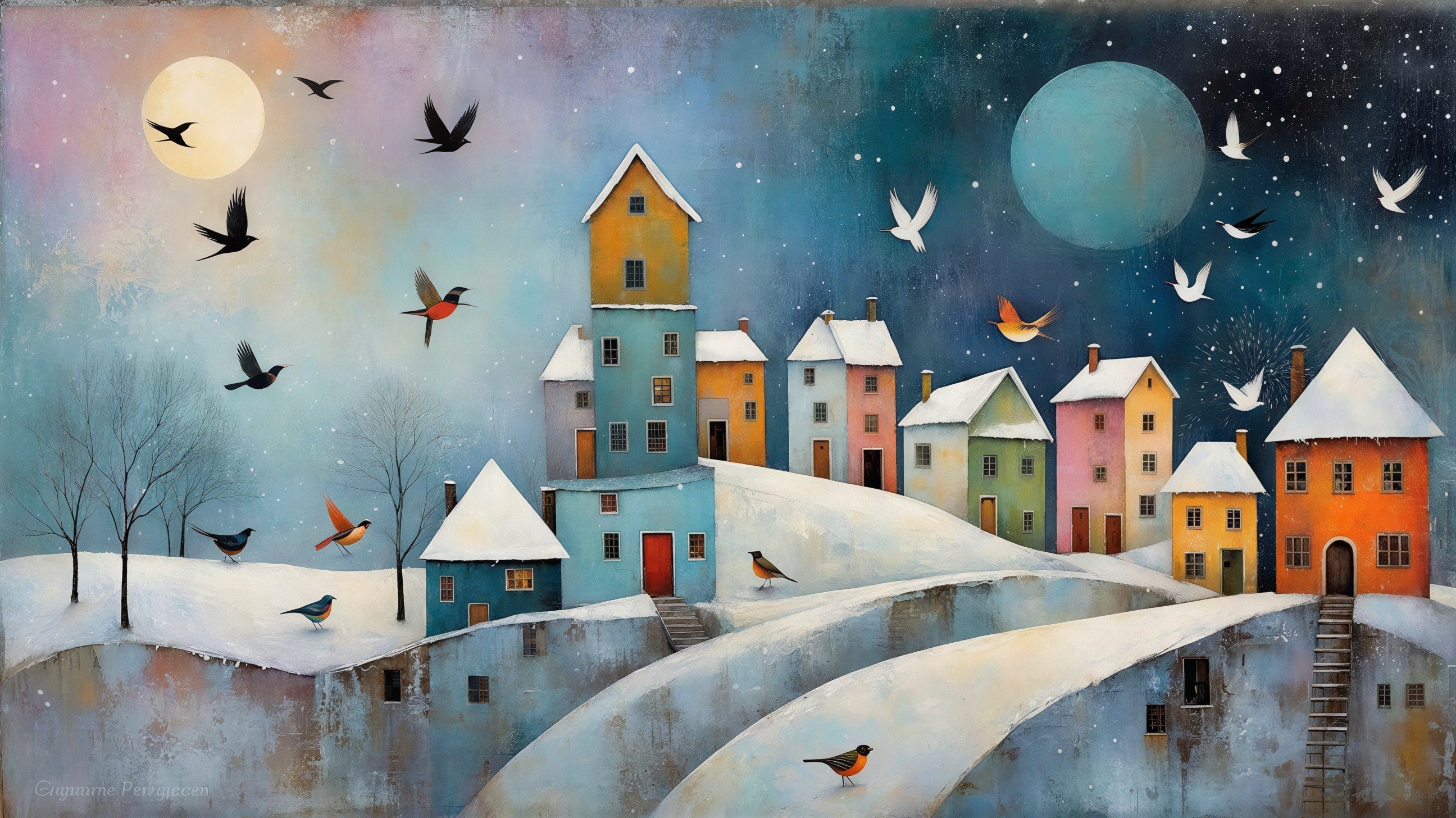 Whimsical Textured Painting of Snowy Landscape and Houses