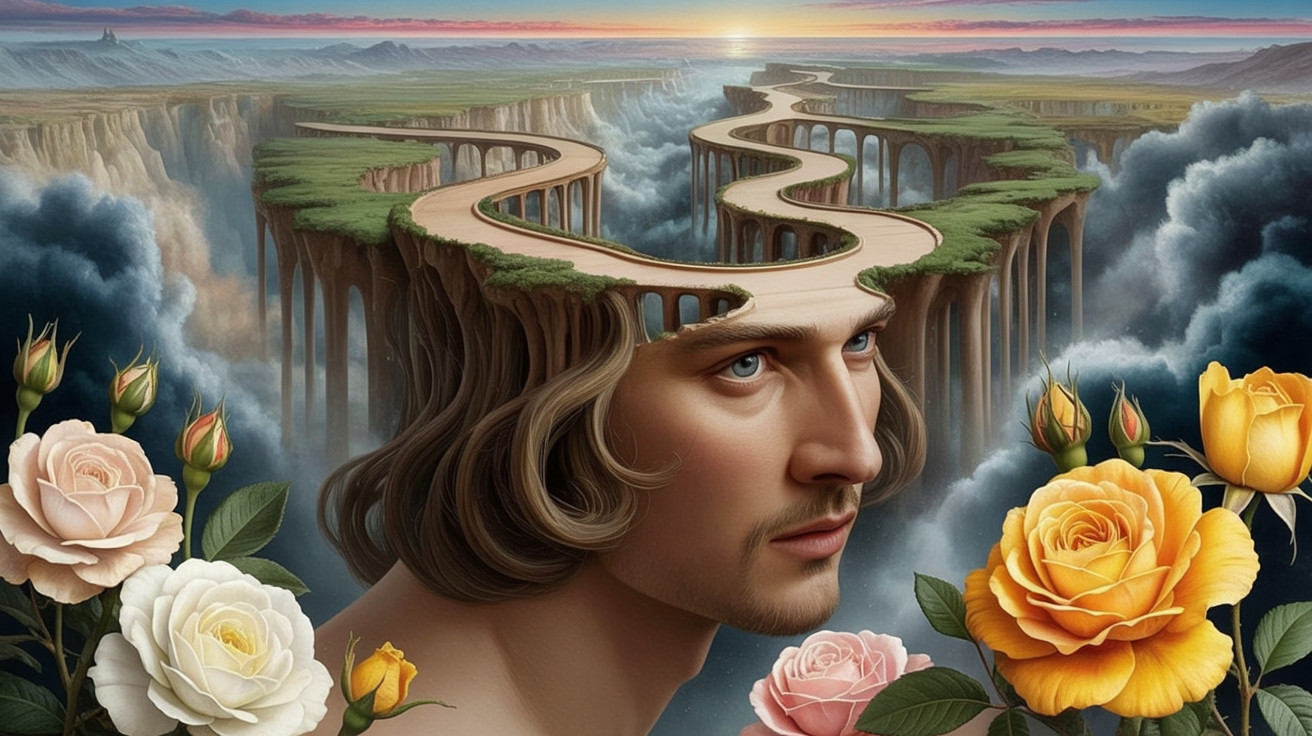 Surreal Landscape with Young Man's Head as Canvas