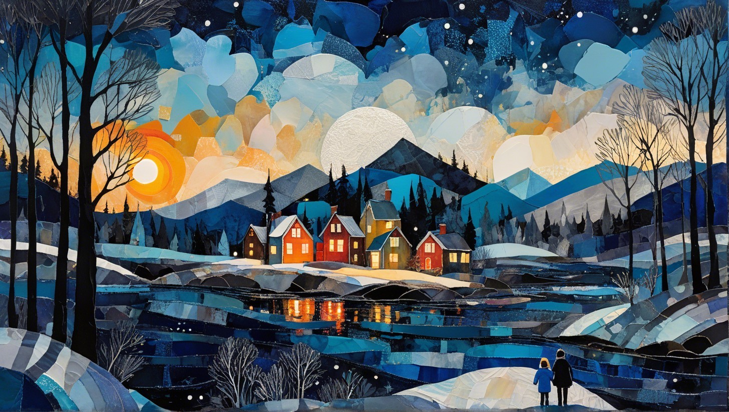 Colorful Paper Collage Winter Wonderland Scene