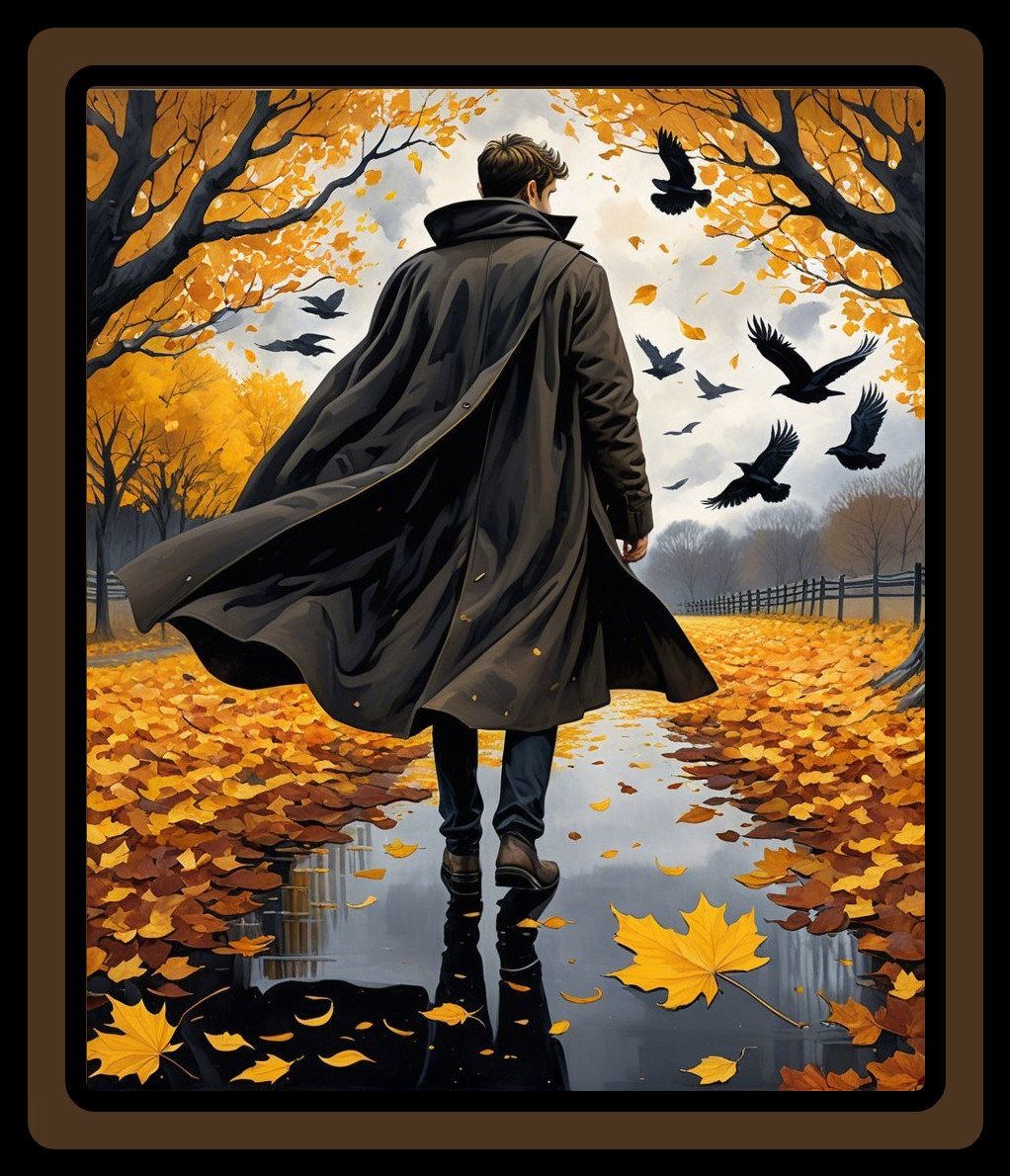 Mysterious Figure on Autumn Leaf-Covered Path