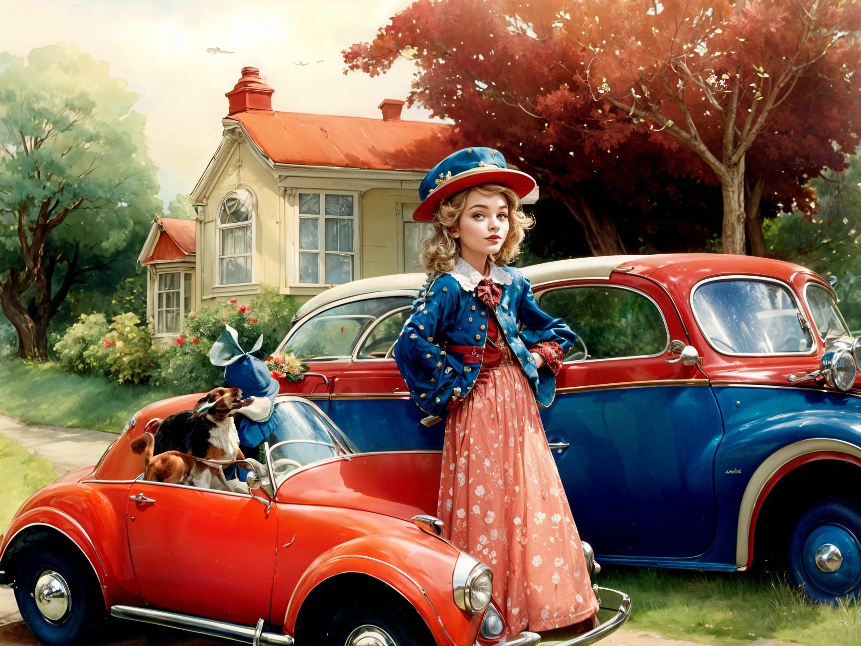 Whimsical Scene of Girl by Classic Red Car