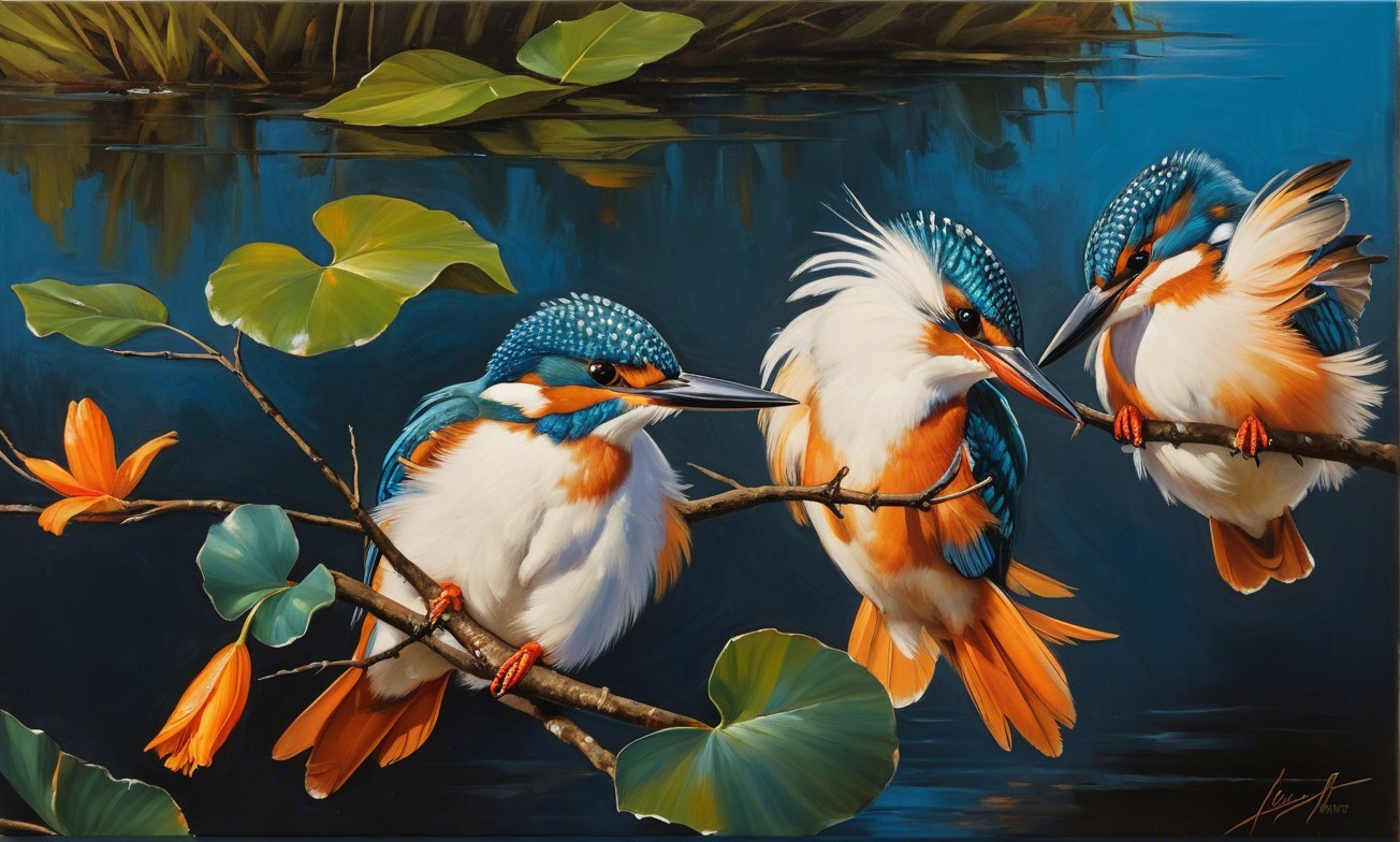 Vibrant Kingfishers Perched by a Tranquil Pond