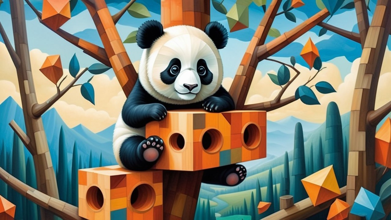 Panda on Colorful Block Structure in Whimsical Landscape