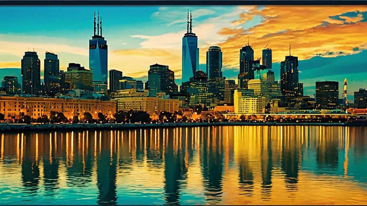 Vibrant Cityscape at Dusk with Reflective Waters