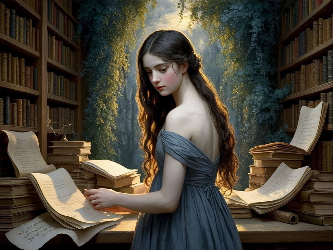Young woman in enchanting library with music sheets