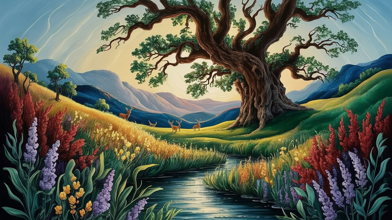 Vibrant landscape with ancient tree and serene stream