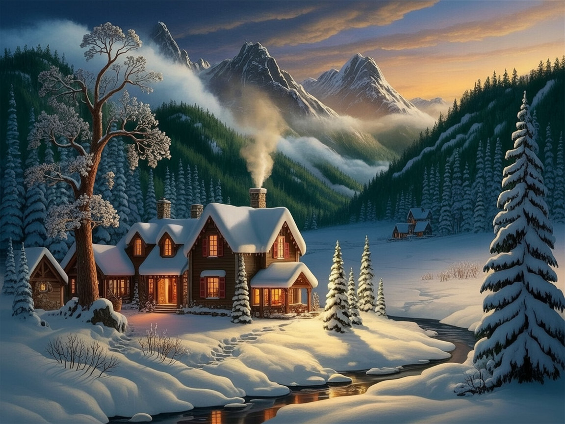 Cozy Log Cabin in Snowy Winter Landscape Scene