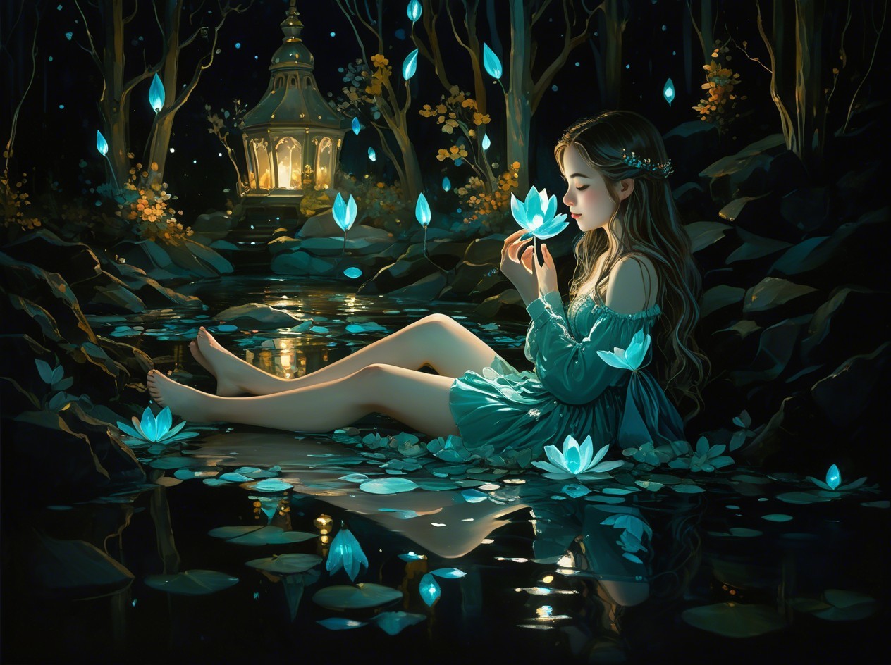 Young woman by a glowing pond with blue lotus flowers