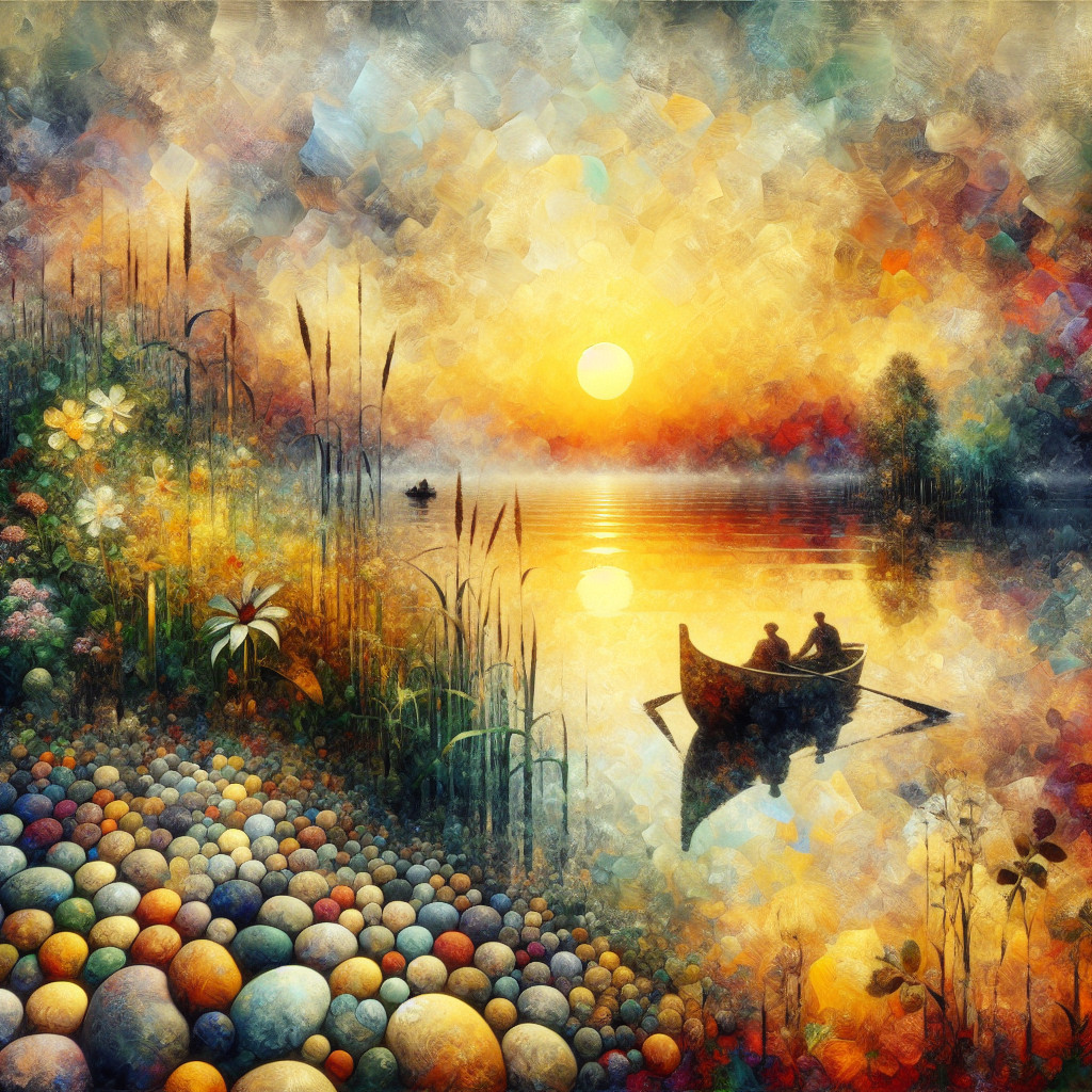 Serene Sunset Over Tranquil Lake with Rowboat