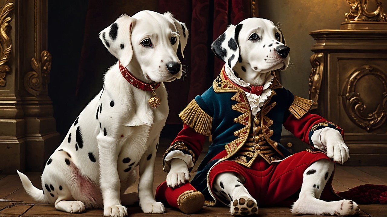 Dalmatian Puppies in Vintage Military-Themed Setting