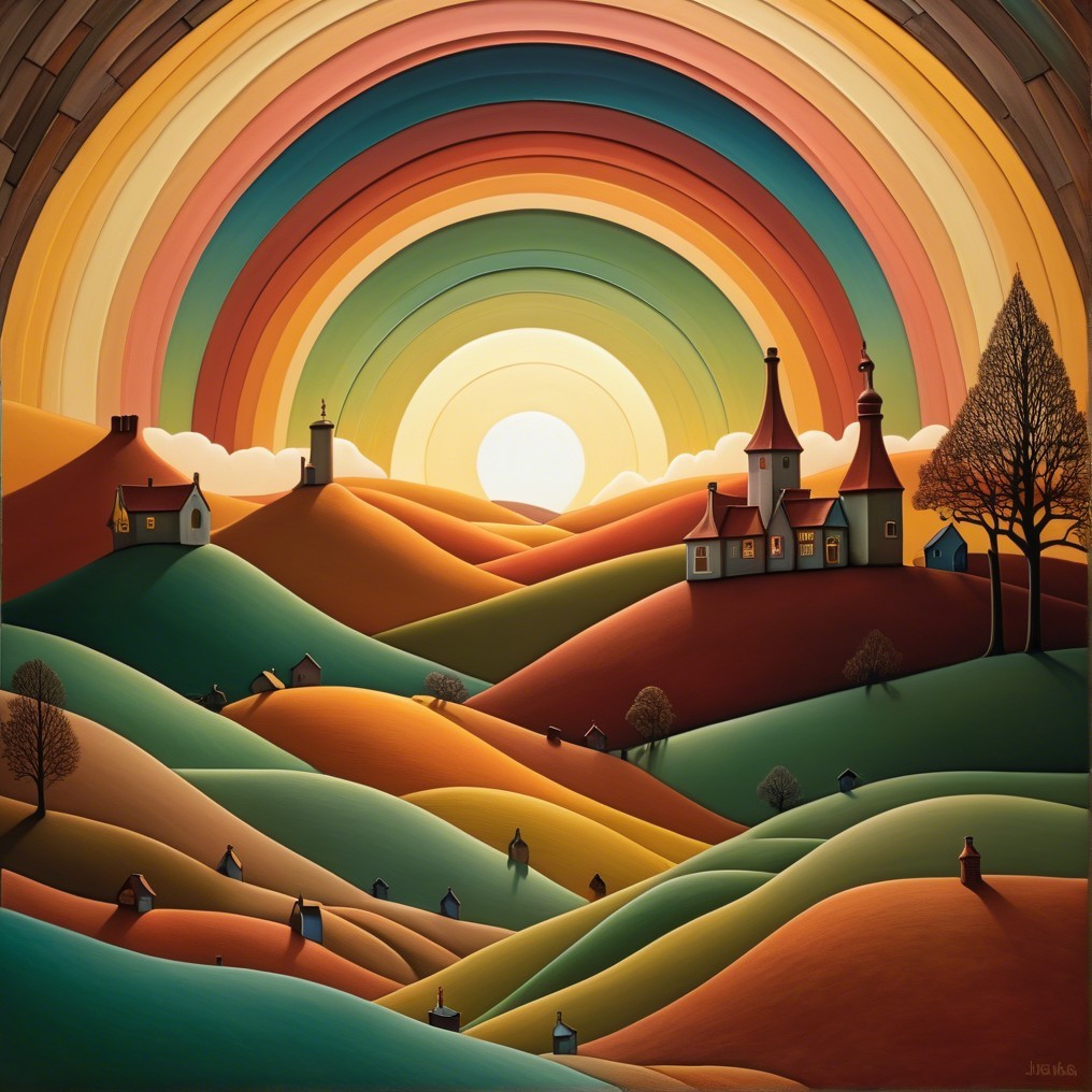 Vibrant Landscape with Rainbow and Whimsical Houses