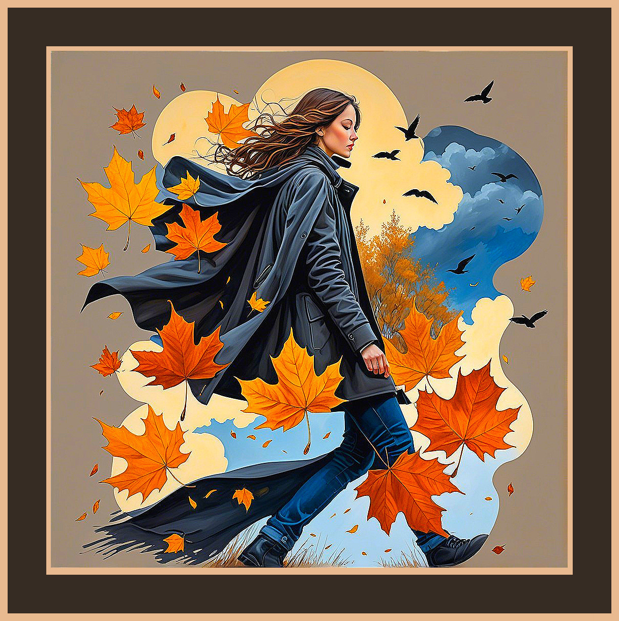 Young Woman in Black Coat Amidst Autumn Leaves