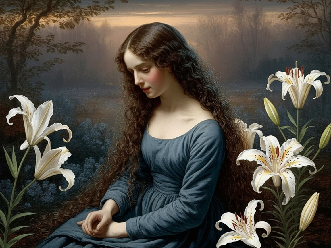 Young Woman in Blue Gown Surrounded by White Lilies