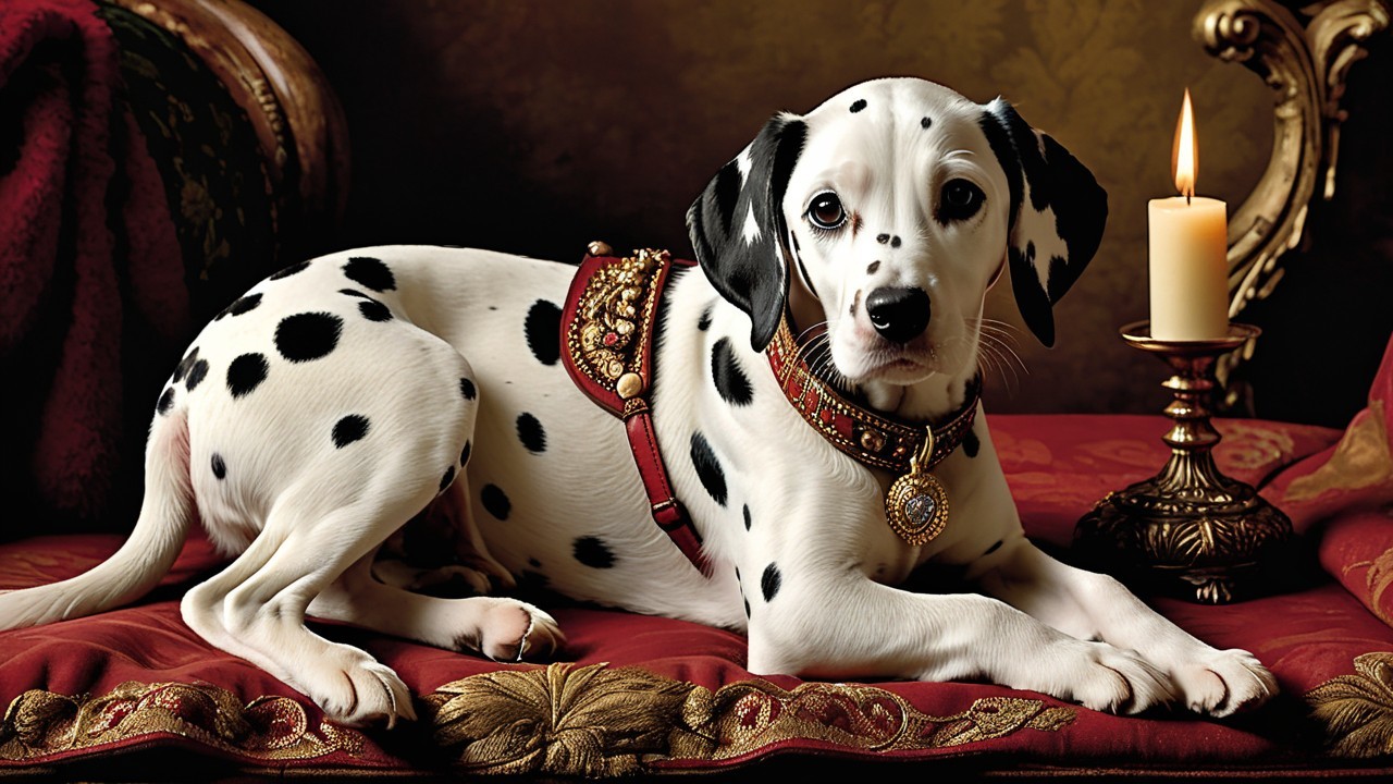 Dalmatian Puppy on Luxurious Red and Gold Couch