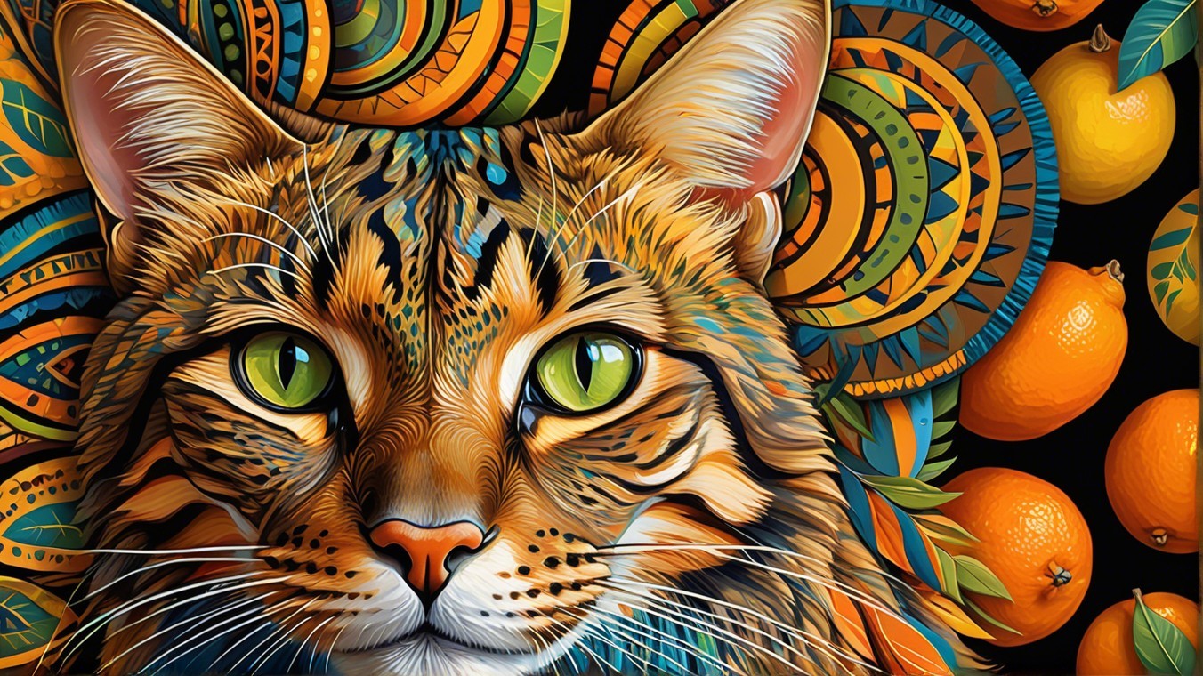 Vividly Illustrated Cat with Green Eyes and Patterns