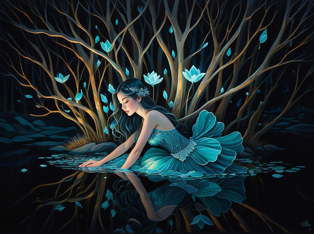 Enchanting Scene of Woman by Dark Water Pool