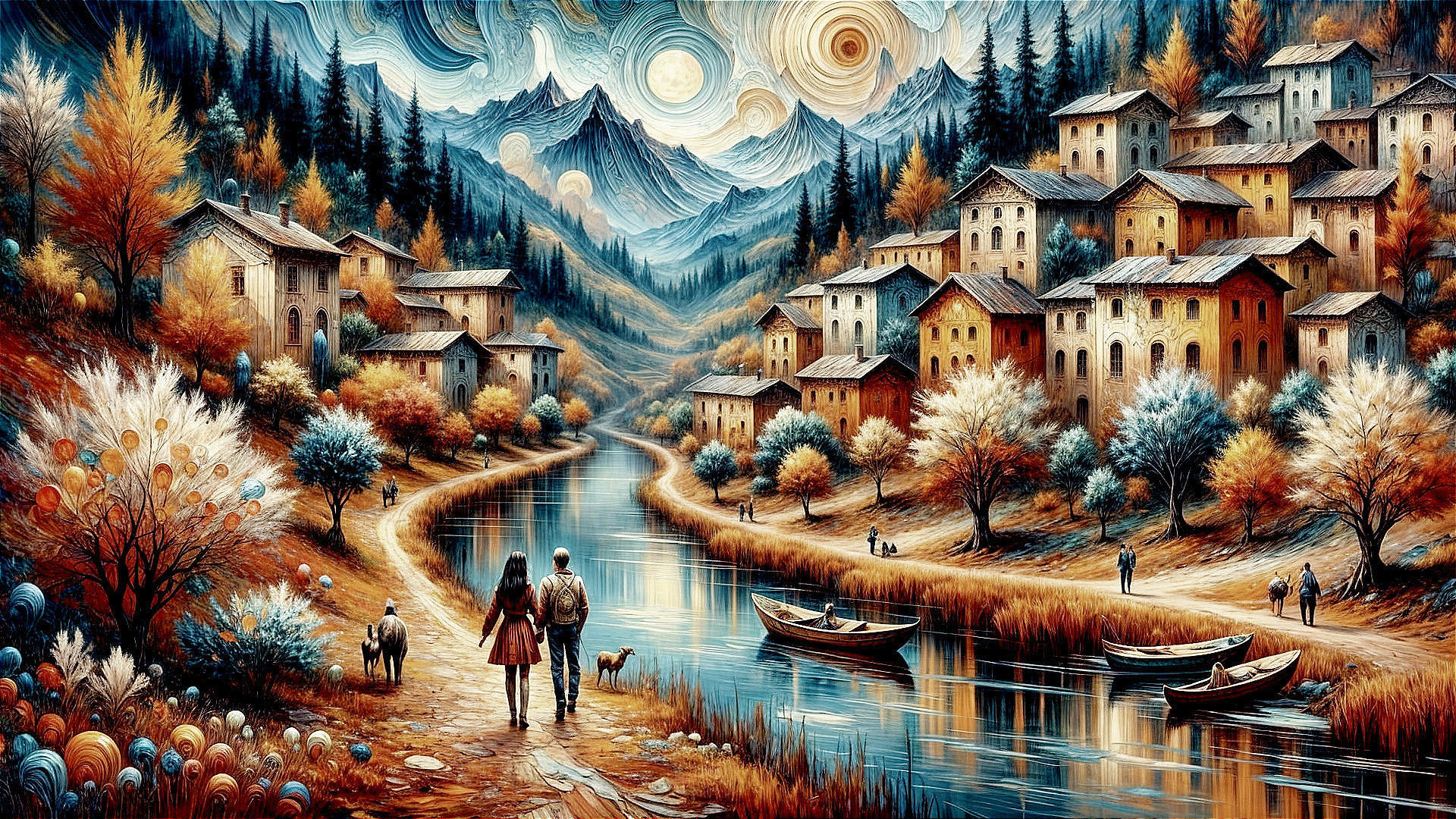 Serene landscape with river, houses, and autumn trees