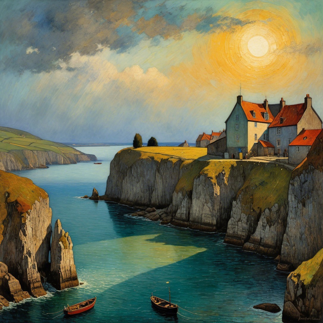 Coastal Village Painting with Cliffs and Inlet Scene