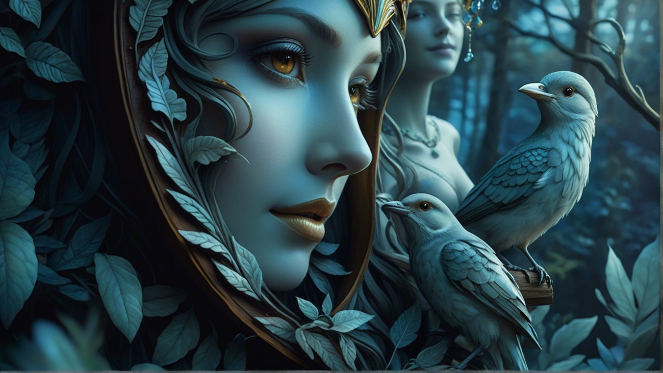 Ethereal Portrait of a Woman with Foliage and Birds