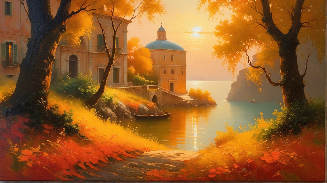 Serene landscape with golden hues and tranquil waterside