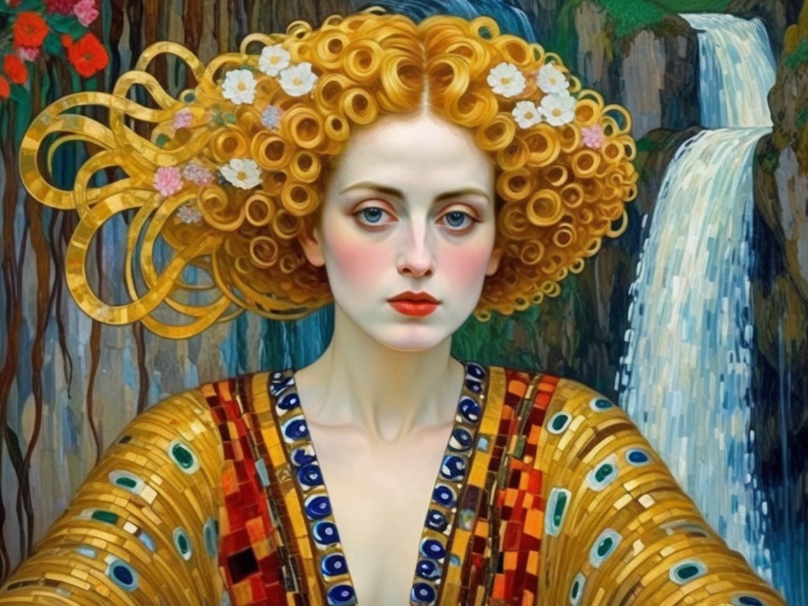 Woman with Golden Hair and Floral Adornments by Waterfall