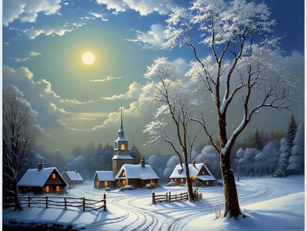 Serene winter landscape with a quaint village at night