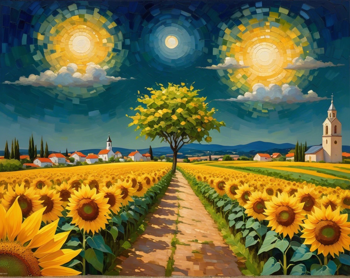 Vibrant landscape with sunlit path and sunflowers